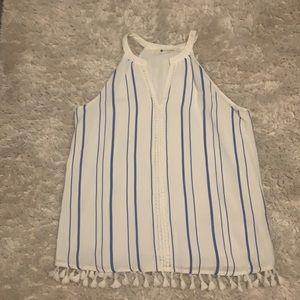 Blue and white striped tank with fringe